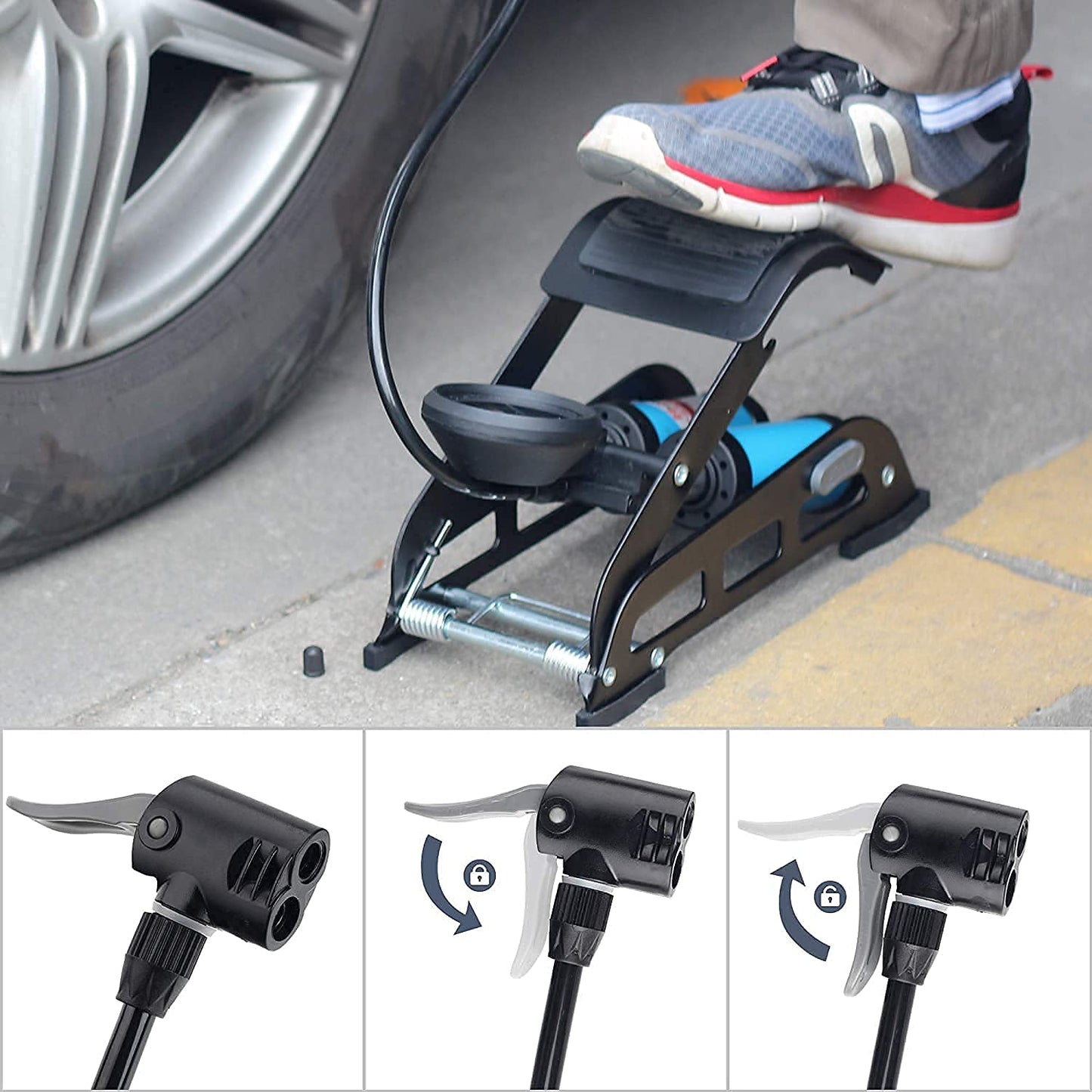 Car Double Cylinder Portable Foot Pump Air Tyre Inflator with Pressure Gauge for Car Tyres