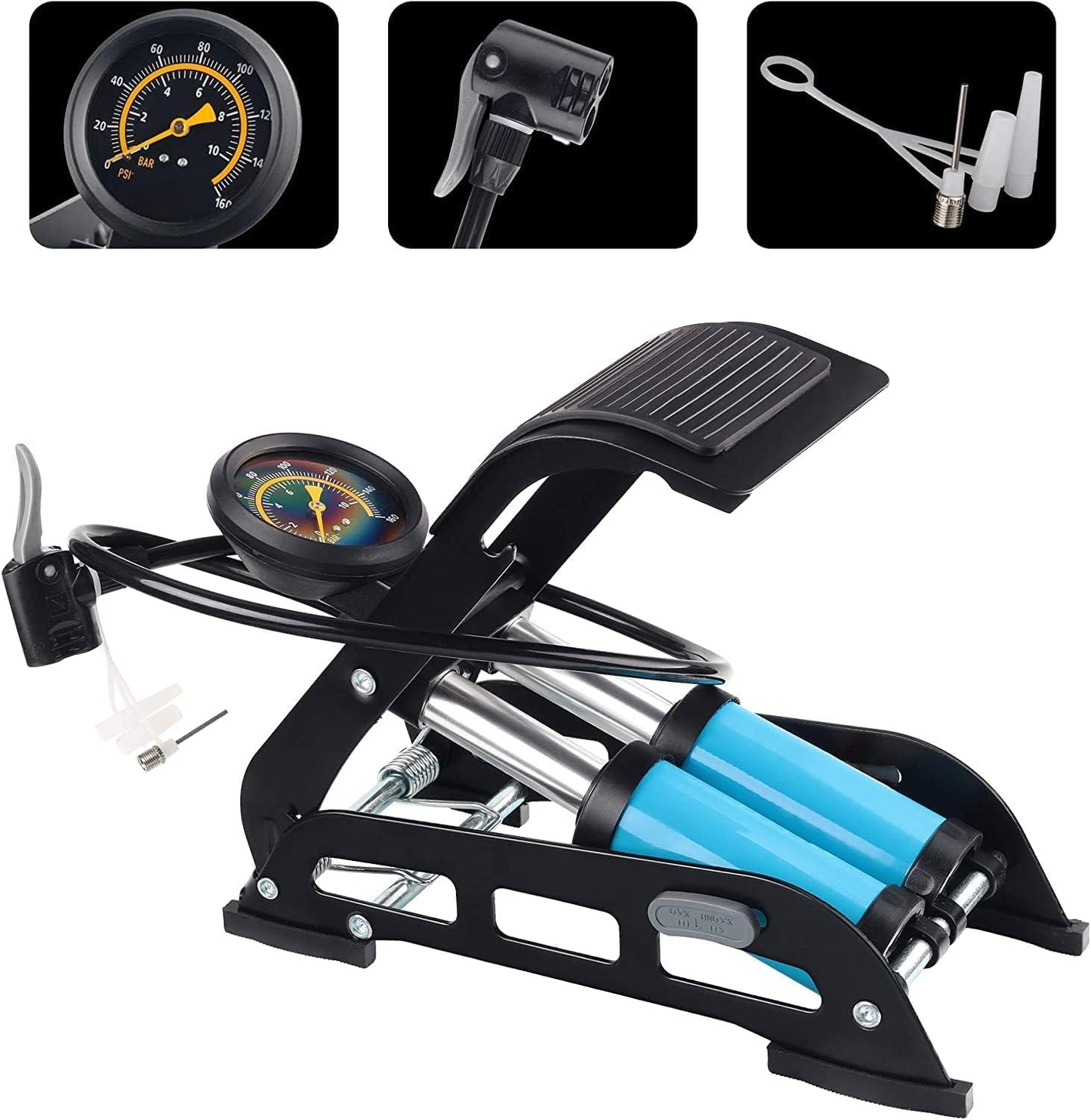 Car Double Cylinder Portable Foot Pump Air Tyre Inflator with Pressure Gauge for Car Tyres