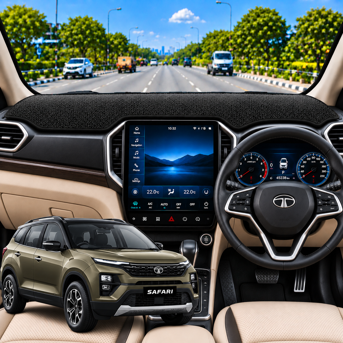 Tata Safari 2021 To 2026 Car Dashboard Cover Mat (Grey)