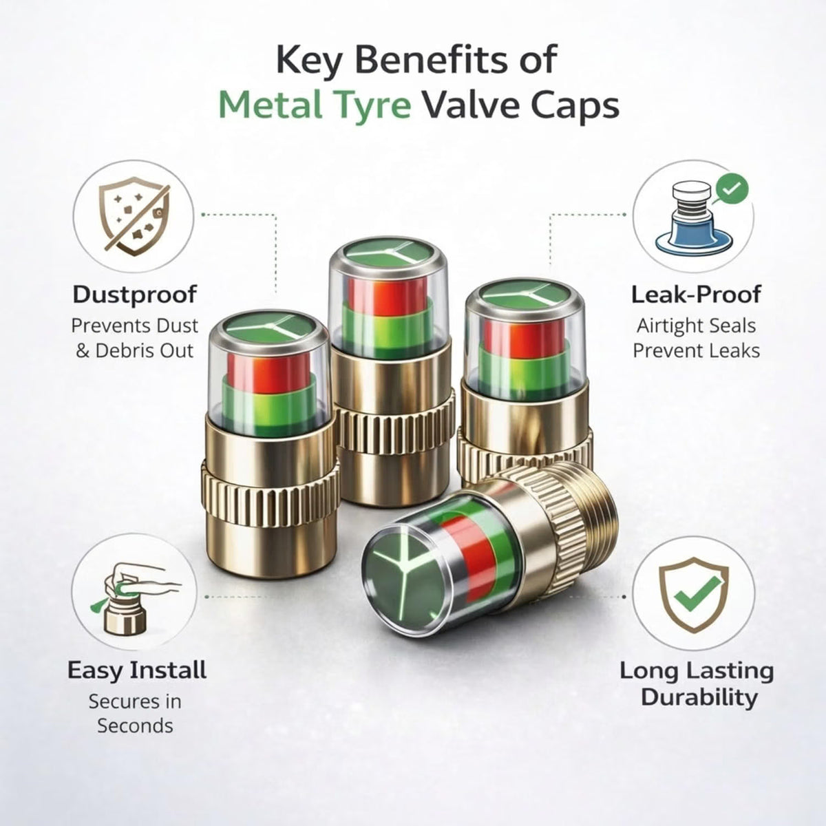 Car Tyre Pressure Indicator Valve Caps for Bikes & Cars Visual Air Pressure Alert (Green/Yellow/Red) Leak-Proof Design Universal Fit (Pack of 4)