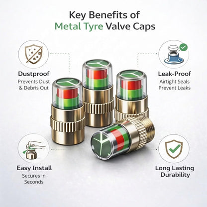 Car Tyre Pressure Indicator Valve Caps for Bikes & Cars Visual Air Pressure Alert (Green/Yellow/Red) Leak-Proof Design Universal Fit (Pack of 4)