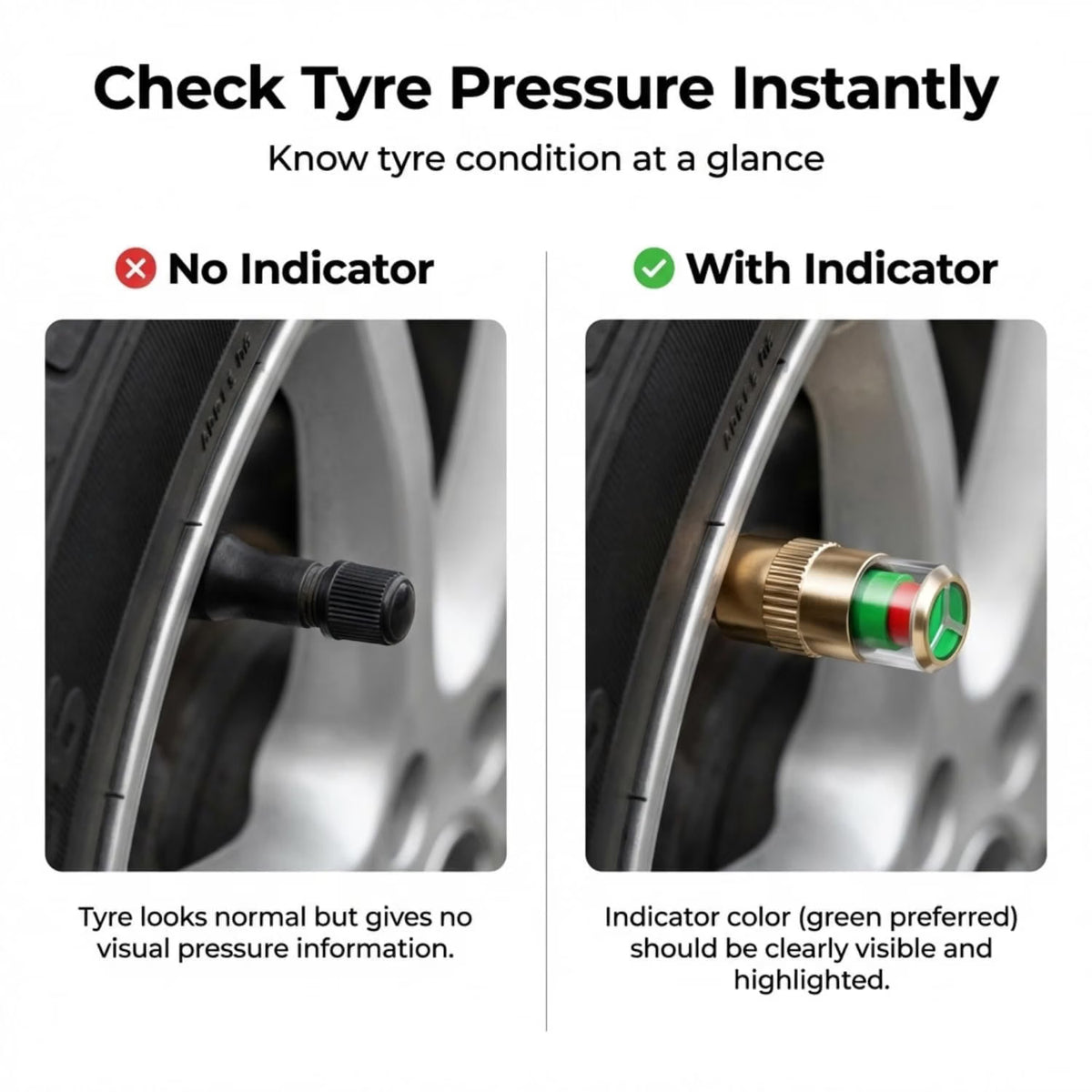 Car Tyre Pressure Indicator Valve Caps for Bikes & Cars Visual Air Pressure Alert (Green/Yellow/Red) Leak-Proof Design Universal Fit (Pack of 4)