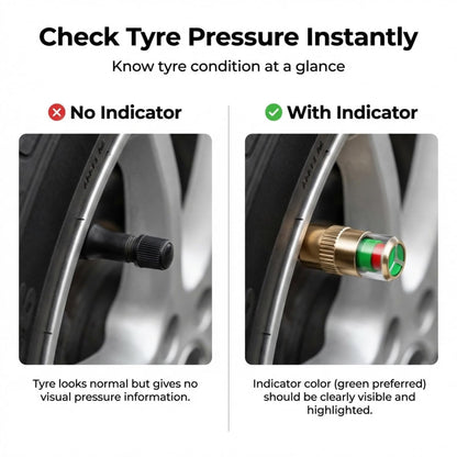 Car Tyre Pressure Indicator Valve Caps for Bikes & Cars Visual Air Pressure Alert (Green/Yellow/Red) Leak-Proof Design Universal Fit (Pack of 4)