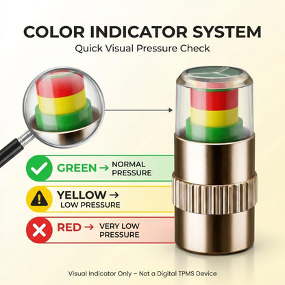 Car Tyre Pressure Indicator Valve Caps for Bikes & Cars Visual Air Pressure Alert (Green/Yellow/Red) Leak-Proof Design Universal Fit (Pack of 4)
