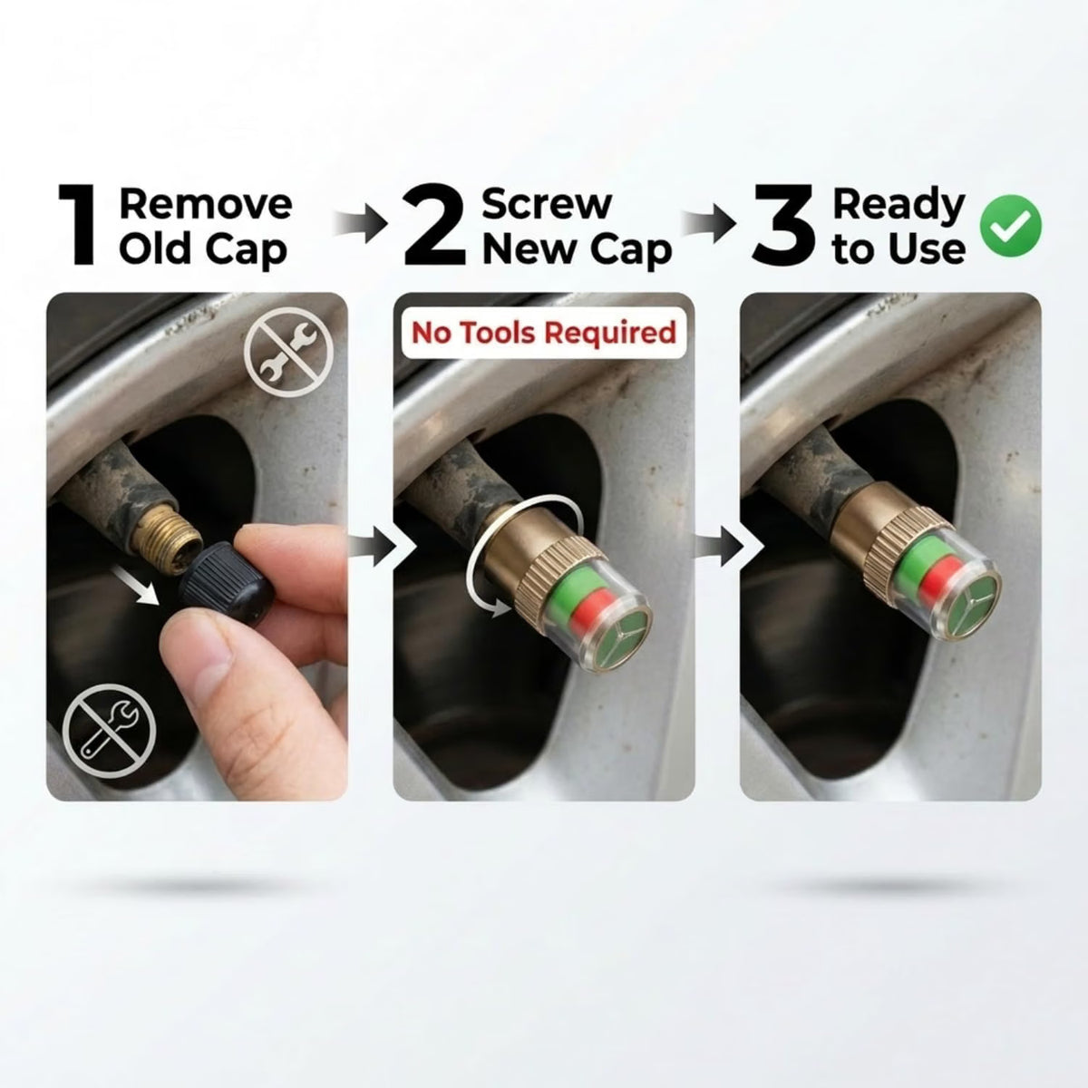 Car Tyre Pressure Indicator Valve Caps for Bikes & Cars Visual Air Pressure Alert (Green/Yellow/Red) Leak-Proof Design Universal Fit (Pack of 4)