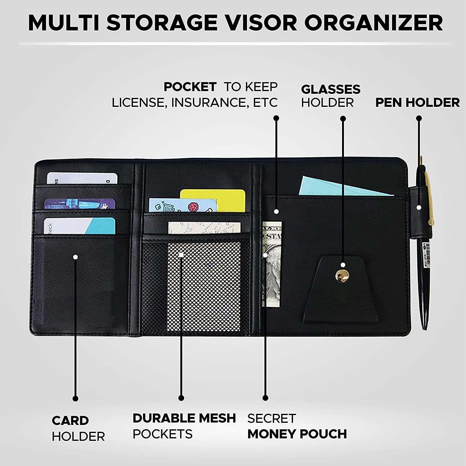 Car Visor Organizer Sun Visor Organizer for Car Pens, Sunglasses and Document Pockets (Black) zeetas