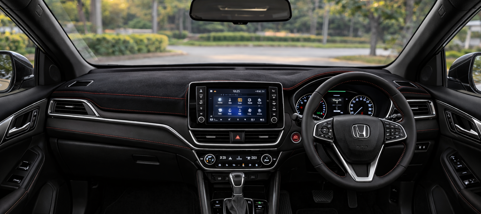 Car interior with dashboard, steering wheel, and center console.