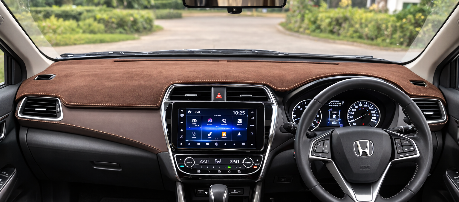 Car interior with dashboard, steering wheel, and seats.